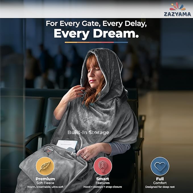 3-in-1 Travel Blanket Airplane – Compact with Bag & Pillow Combo Set, Gray Ultra-Soft Fleece | Packable Blanket Compact | Hidden Pocket | Trolley Sleeve | Carabiner | Travel Essentials