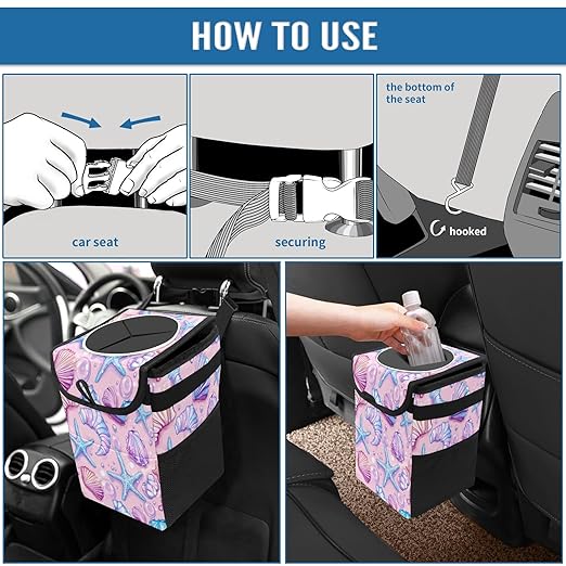 Car Trash Can with Lid, Small Portable Hanging Automotive Garbage Bin for Vehicles, Leakproof Waste Bag Container for SUV Truck Van Interior Auto Travel Road Trips(Starfish)