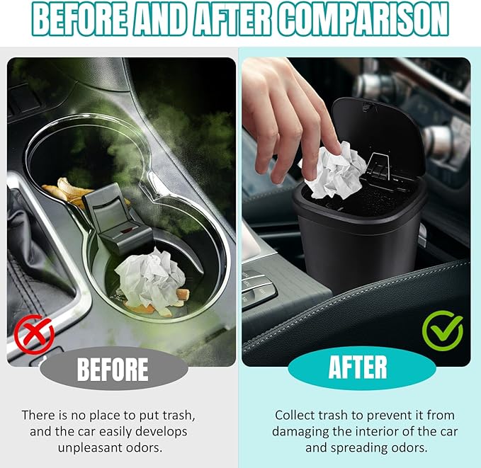 Car Trash Can with Lid, Portable Mini Trash Cup for Cars, Automotive Cup Holder Garbage Can with Garbage Bags, Leakproof Auto Waste Storage Bin Organizer, Universal Car Accessories