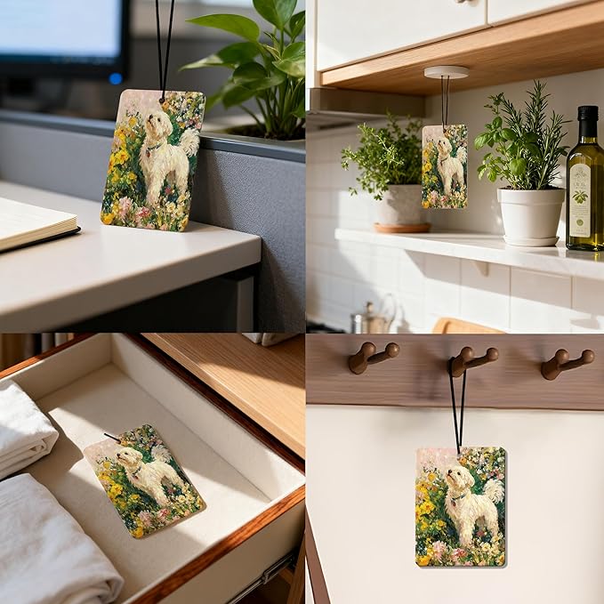 Vintage Floral Puppy Air Freshener 4Pcs, Artistic Dog & Flower Scene Air Freshener for Car Interior, Closet, Drawer, Books, Car Mirror Decor Hanging, Gift for Dog Lovers