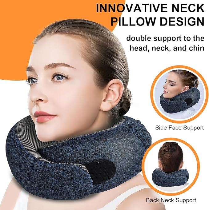 Travel Pillow - Hooded Neck Pillow Airplane Memory Foam Filling for Plane, Office, Cars Sleeping, Road Trip, Long Flights, Portable Plane Accessories, Includes Eye Mask & Earplugs (Full Blue)