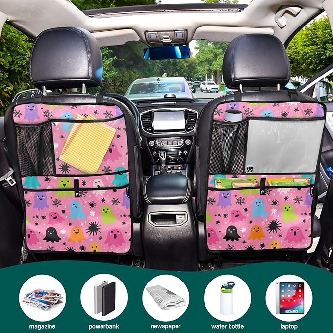 1 Pack Back Seat Car Organizer with Storage Pockets Kick Mats Back Seat Protector Hanging Car Organizer Automotive Seat Back Cover Organizers Hot Pink Halloween Ghost Snowflakes