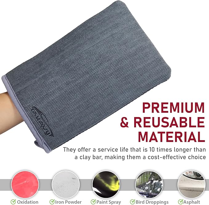 TAKAVU Auto Detailing Clay Mitt 1 Pack 9.7x6.3 inches, Magic Clay Bar Mitt Premium Mesh and Microfiber for Remove Dirts Mud Grime, Car Cleaning Detail Glass Wheel Windshield (Grey)