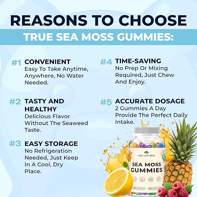 TrueSeaMoss Irish Sea Moss Gummies with Burdock Root & Bladderwrack – Formula for Adults & Kids – 60 Gummies