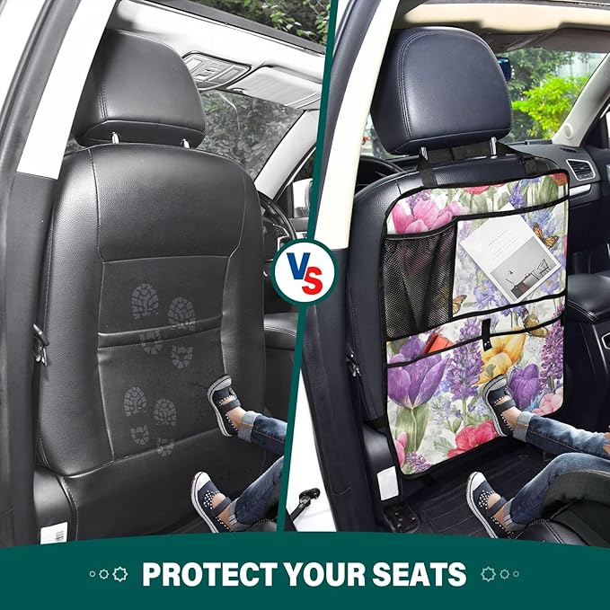 1 Pack Back Seat Car Organizer with Storage Pockets Kick Mats Back Seat Protector Hanging Car Organizer Automotive Seat Back Cover Organizers Tulips Lavenders Purple Butterfly