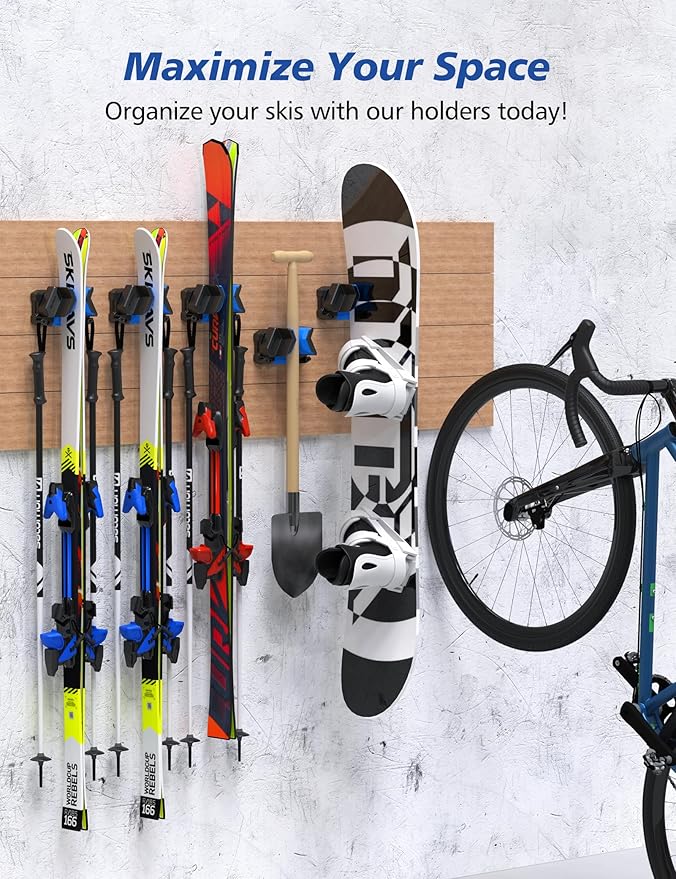 Ski & Snowboard Wall Rack, Ski Wall Mount & Ski Rack Wall Mount for Garage Space-Saving, Winter Gear Organizer, Fits Any Ski or Snowboard, Nonslip Ski Holders, Garage Organization, 4 Pack