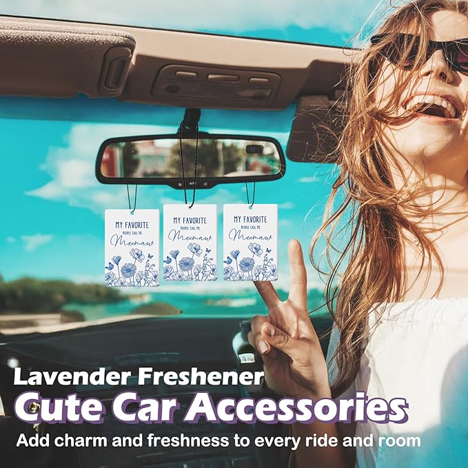 Meemaw Grandma Gifts Car Air Freshener Accessories 3pcs,My Favorite People Call Me Gifts for Grandma Christmas,Rustic Blue Flower Hanging Scent Fragrance Card for Women Closet Home Decor