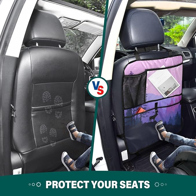 1 Pack Back Seat Car Organizer with Storage Pockets Kick Mats Back Seat Protector Hanging Car Organizer Automotive Seat Back Cover Organizers Purple Stag Mountains and Forest