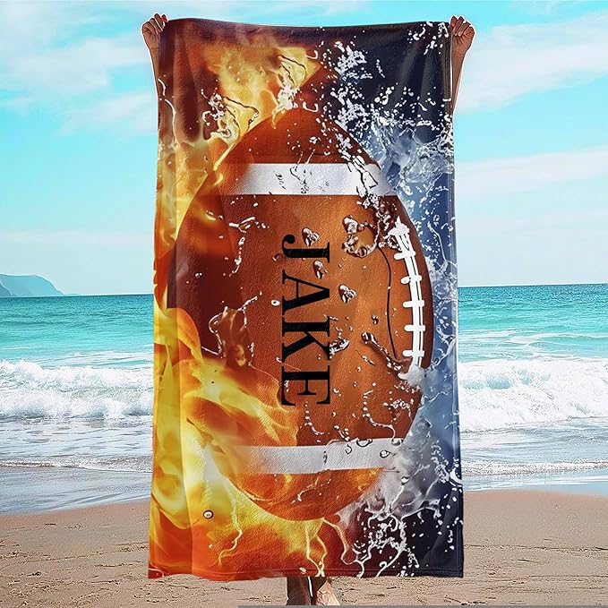 Personalized Beach Towel With Name, Custom Beach Towel with Text, Customized American Football Microfiber Pool Towel, Quick Dry & Absorbent Swim Towel for Adult,Anniversary, Birthday, Summer Holiday
