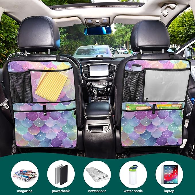 1 Pack Back Seat Car Organizer with Storage Pockets Kick Mats Back Seat Protector Hanging Car Organizer Automotive Seat Back Cover Organizers Watercolor Mermaid Scales Colors