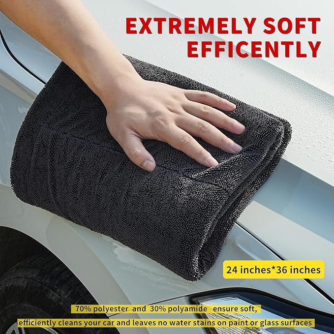Wasal Car Drying Towel - 24" x 36" XL, Popular Pick Among Detailing Pro- 1300 GSM Microfiber Edgeless Twisted Loop Design - 70/30 Blend, Extra Large,Super-Fast Drying, Streak Free