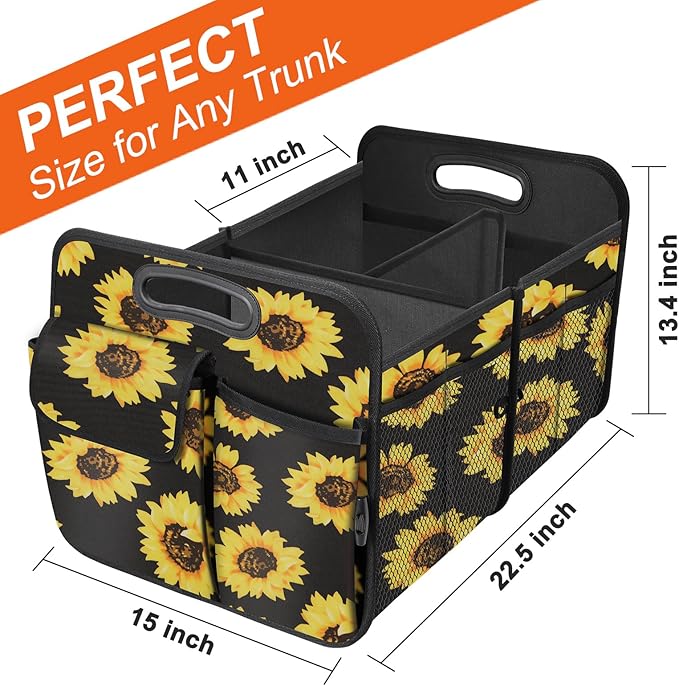 Trunk Organizer, Collapsible Trunk Organizers and Storage, Car Accessories for Women and Men, Multi-Compartment Trunk Storage Organizer for SUV, Car, Mini-Van - Sunflower