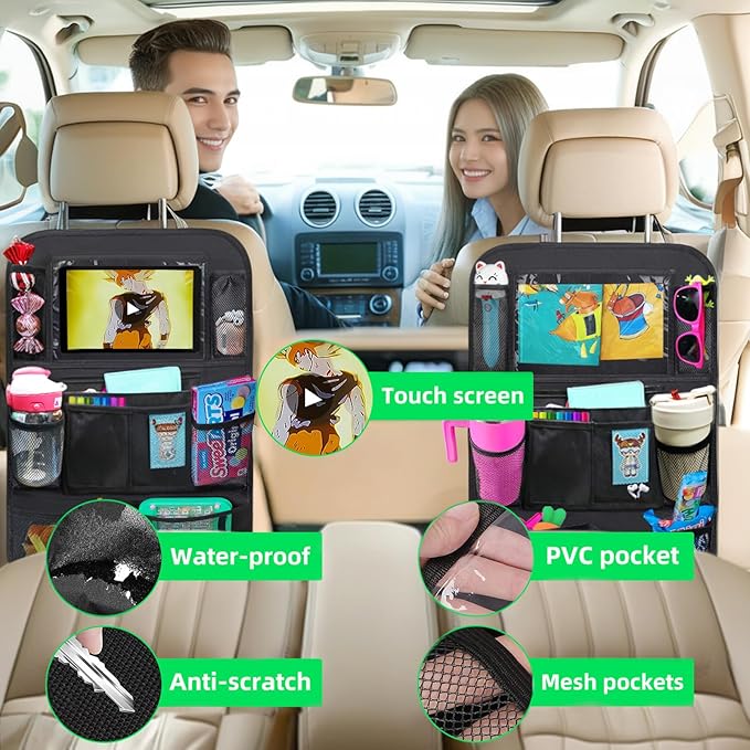 Car Organizer Kick Mats Back Seat Protector, Car Back Seat Organizer with Tablet Holder Pocket for Kids, Travel Accessories with 10 Storage Pockets, 2 Pack