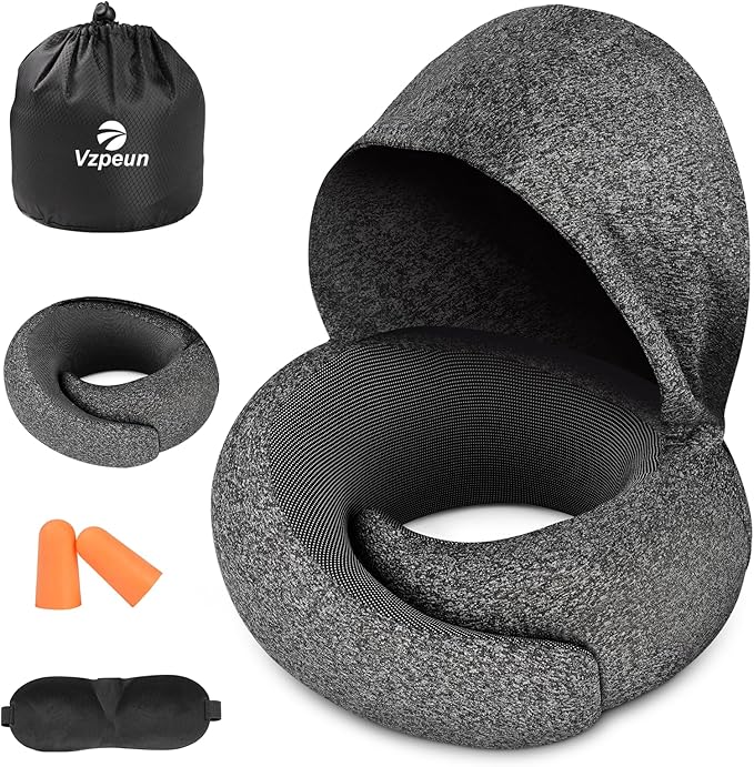 Travel Pillow - Hooded Neck Pillow Airplane Memory Foam Filling for Plane, Office, Cars Sleeping, Road Trip, Long Flights, Portable Plane Accessories, Includes Eye Mask & Earplugs (Dark Gray)