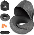 Travel Pillow - Hooded Neck Pillow Airplane Memory Foam Filling for Plane, Office, Cars Sleeping, Road Trip, Long Flights, Portable Plane Accessories, Includes Eye Mask & Earplugs (Dark Gray)