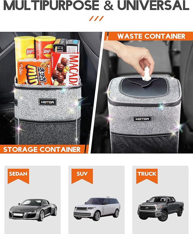 HOTOR Car Trash Can with Lid and Storage Pockets - 100% Leak-Proof Organizer, Waterproof Garbage Can, Multipurpose Trash Bin for Car, 2 Gallons, Sparkle White