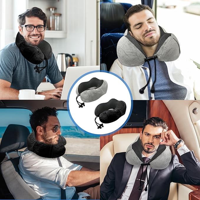 Travel Pillow 3-in-1 Memory Foam Ergonomic Neck Support Pillow for Airplanes with Ear Plugs & Eye Mask | Machine Washable Travel Pillow for Long Flights, Road Trips & Camping (Grey+Black)
