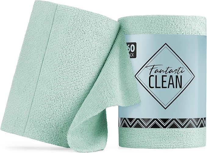Fantasticlean Microfiber Cleaning Cloth Roll -60 Pack, Tear Away Paperless Towels, 8" x 8", Reusable Washable Rags, for House Kitchen, Pet, Office, Indoor Outdoor, Compact and Portable (Mint Green)