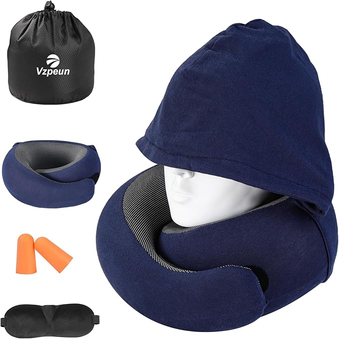Travel Pillow - Hooded Neck Pillow Airplane Memory Foam Filling for Plane, Office, Cars Sleeping, Road Trip, Long Flights, Portable Plane Accessories, Includes Eye Mask & Earplugs (Navy)
