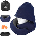 Travel Pillow - Hooded Neck Pillow Airplane Memory Foam Filling for Plane, Office, Cars Sleeping, Road Trip, Long Flights, Portable Plane Accessories, Includes Eye Mask & Earplugs (Navy)