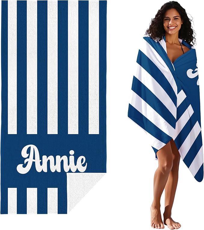 JML Personalized Beach Towel with Name, Custom Cabana Stripe Beach Towel, Customized Microfiber Pool Towel, Quick Dry & Absorbent Swim Towel for Adult,Mother's Day, Birthday, Summer Holiday,Vacation