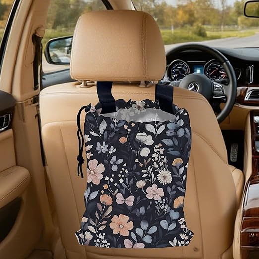 Watercolor Spring Floral Car Trash Bag, Hanging Drawstring Car Garbage Bag,Canvas Car Back Seat Organizer with Adjustable Buckle for Men and Women