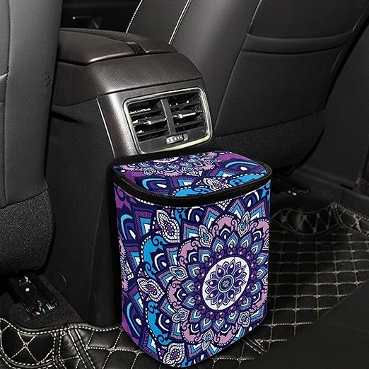 Vintage Mandala Flower Car Trash Can with Lid Portable Foldable Garbage Can Hanging for Headrest Leakproof Organizer and Storage Bag Auto Accessories