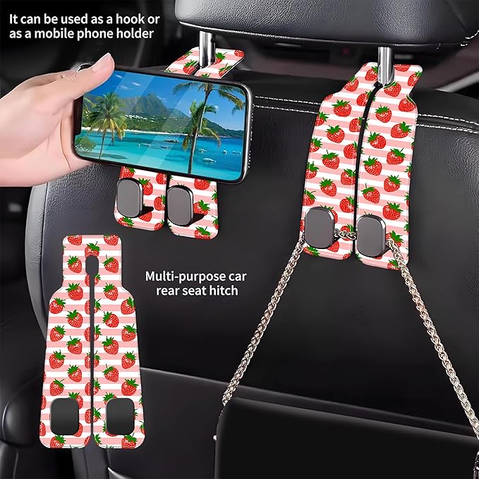 1 Pack Car Seat Headrest Hooks for Purses and Bags Watercolor Pink Strawberry Striped Bag Purse Holder for Car with Double Metal Hooks Car Purse Hanger Hanging Accessories