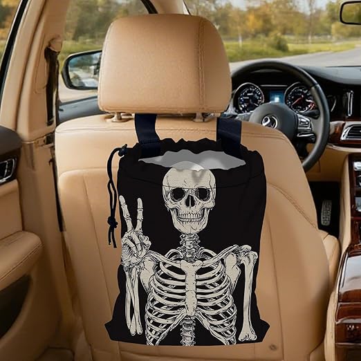 Skull Skeleton Car Garbage Bag, Small Car Trash Bag Hanging,Drawstring Car Garbage Bag with Adjustable Buckle for Car Back Seat,SUVs,Camping,Road Trips