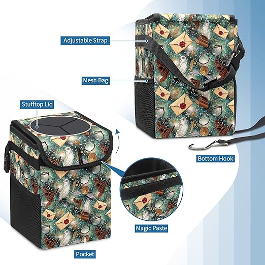 Halloween Wizard Owl Magic Car Trash Can with Lid Collapsible Reusable Waterproof Car Garage Bag,Automotive Garbage Can,Car Accessories Interior Car Organizer