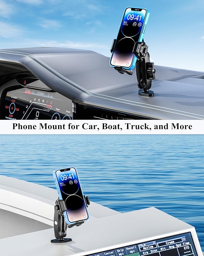 BRCOVAN Anti-Theft Phone Mount Holder with Vibration Dampener [Camera Friendly] [1s Lock & Release], with Aluminum Diamond Base & Medium Arm for Car Boat Truck Motorcycle UTV ATV Fit 5.4-7.2'' Phone