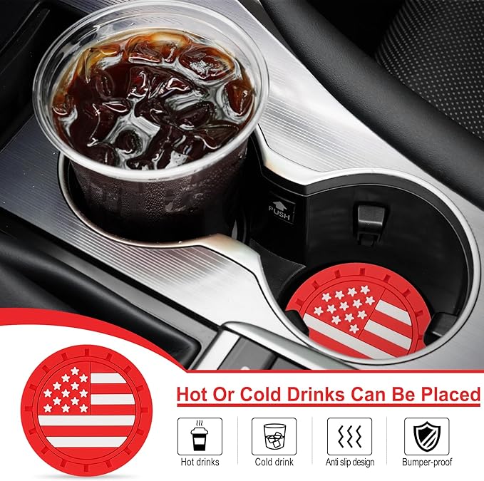 JUSTTOP Car Cup Holder Coaster,American Flag Non-Slip Insert Car Cup Coaster,Car Accessories Interior for Women and Man,4 Pack Red