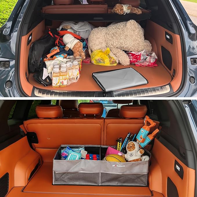 Collapsible Waterproof Car Trunk Organizer, Soft PVC Storage Bin with Rugged PVC-Coated Fabric for SUV & Truck (Stone Gray, PLUS)