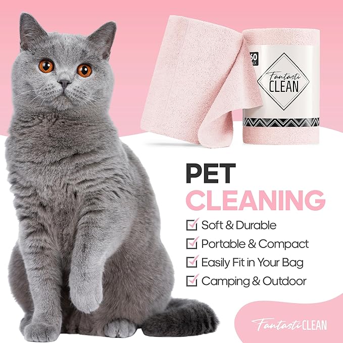 Fantasticlean Microfiber Cleaning Cloth Roll -60 Pack, Tear Away Paperless Towels, 8" x 8", Reusable Washable Rags, for House Kitchen, Pet, Office, Indoor Outdoor, Compact and Portable (Pink)