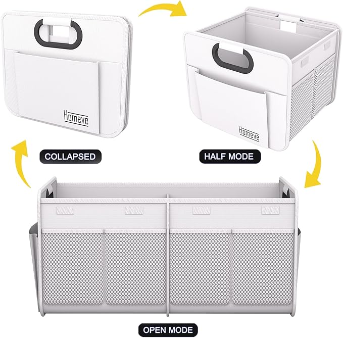 Homeve Car Trunk Organizer, Reinforced Handles, Collapsible Multi-Compartment Car Organizer, Foldable & Waterproof, 600D Oxford Polyester (White, 2 Compart-Small)