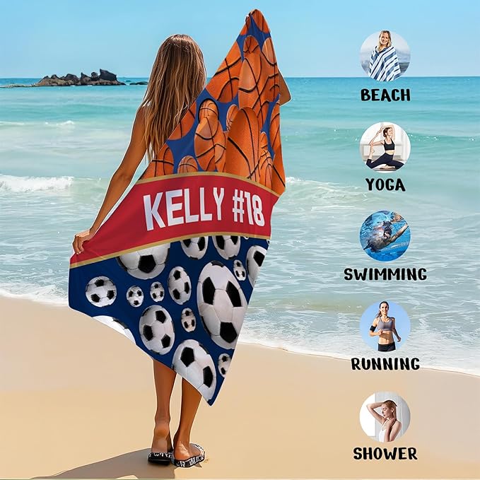 Personalized Beach Towel With Name, Custom Beach Towel with Text, Customized Basketball Football Microfiber Pool Towel, Quick Dry & Absorbent Swim Towel for Adult,Anniversary, Birthday, Summer Holiday