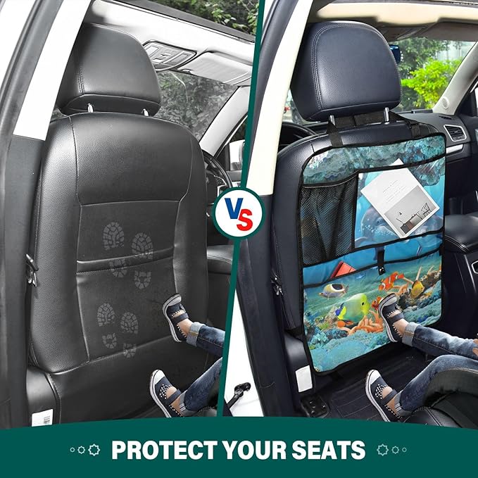 2 Pack Backseat Car Organizer with Storage Pockets Seat Back Organizers for Kids Kick Mats Backseat Protector Automotive Seabed Animal
