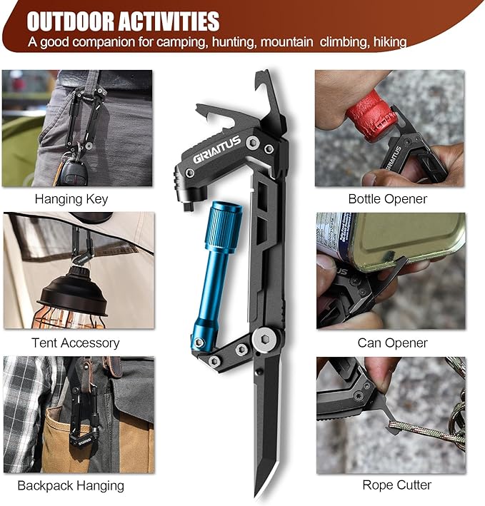 Carabiner Multitool with Pocket Knives, EDC Carabiners, Serrated Knife, Rope Cutter, Screwdriver, Can Bottle Opener, Ruler, Folding Knife for Camping Hiking, Stocking Stuffers Gifts for Men (Blue)