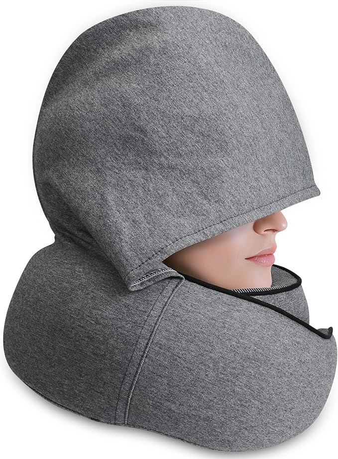 Travel Pillow with Hood (Dark Gray) - for Airplane Travel and Car Ride Nap, Foldable Hood, Slow-Rebound Memory Foam, 360 Ergonomic Design, Compact and Portable in Travel Bag