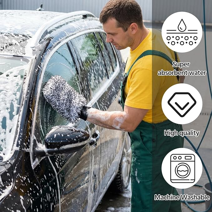 4 Pack Microfiber Car Wash Mitts Set 10x7 Inch Soft Suede Lining Car Wash Gloves, Highly Absorbent Scratch-Free Cleaning Cloths for Auto Detailing, Safe with All Soaps, Bucket(Black)