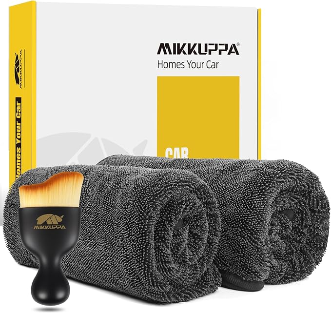 MIKKUPPA Microfiber Towels for Cars - 2-Pack 36"x24" Extra Large Car Drying Towel with Twisting Yarn Technique, Ultra Absorbent Scratch-Free Twisted-Loop Car Wash Towels with Interior Detailing Brush