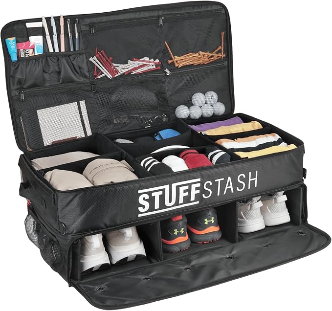 STUFFSTASH Golf Trunk Organizer – Extra Large Car & SUV Storage for Golf Gear (3 Pairs of Shoes, Ventilated Shoe Section, Reinforced Base, Dividers for Tees & Accessories)