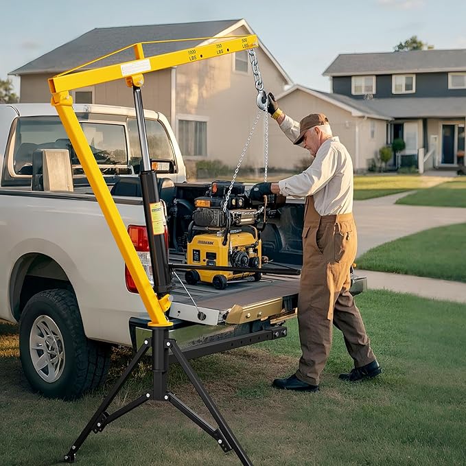 1000lbs Receiver Hitch Mounted Hydraulic 360° Swivel Truck Crane with 3 Boom Capacity Options: 500lbs, 750lbs, 1000lbs. Ideal for Workshops, Construction, Agriculture, and Logging,Yellow