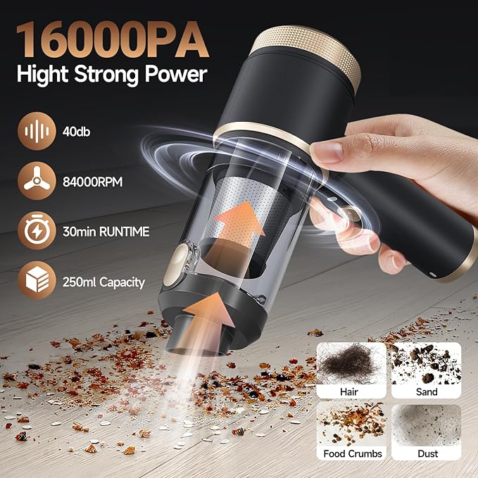 Car Vacuum Portable Cordless,16000PA Strong Suction Handheld Car Cleaner with Dual HEPA Filters,LED Light,Type-C Charging Mini Vacuum, One-Click Empty Compact for Home Cleaning and Office