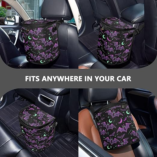 MNSRUU Car Trash Can with Lid, Neon Purple and Bats Stars and Moons Car Trash Bag Hanging Organizers and Storage for Front Back Seat, Leak-Proof Trash Bin