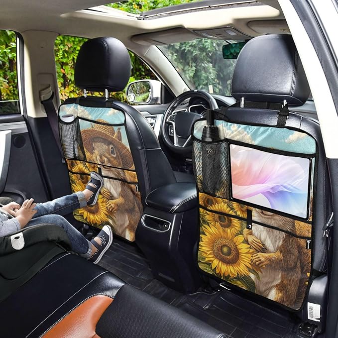 Sunflower Squirrel 2 Pack Backseat Car Organizer with Storage Pockets Seat Back Organizers for Kids Kick Mats Backseat Protector Automotive