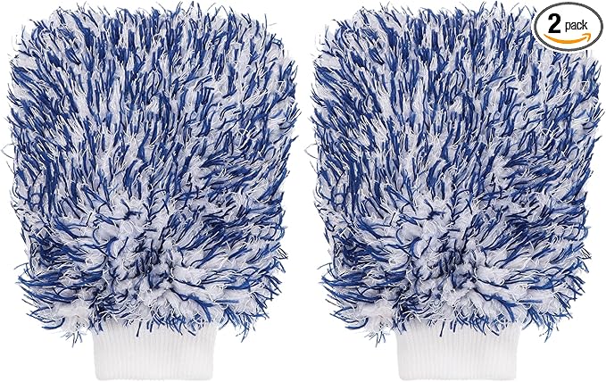 HARFINGTON 2pcs Chenille Microfiber Car Wash Mitts 10.2" x 6.7" Scratch Free Wash Gloves Absorbent Double Sided Plush Cleaning Drying Mitts for Car Washing Home, Blue