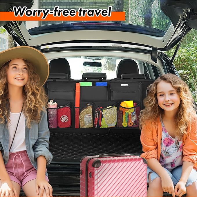 Car Trunk Organizer, Large Capacity Organizers and Storage, Equipped with 7 Durable Pockets, Hanging Trunk Organizer with Hook Side Strips, Sapce-saving Car Accessories Interior