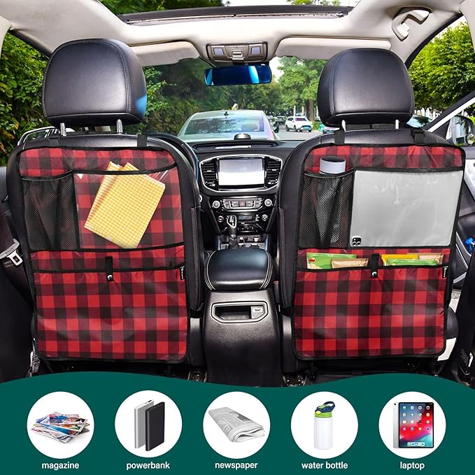 1 Pack Back Seat Car Organizer with Storage Pockets Kick Mats Back Seat Protector Hanging Car Organizer Automotive Seat Back Cover Organizers Red and Black Buffalo Plaid