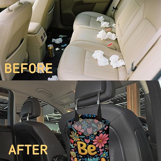 Be Kind Car Trash Bag,Watercolor Flowers Strap Drawstring Car Garbage Bags,Car Back Seat Organizer with Adjustable Buckle for Car Accessories